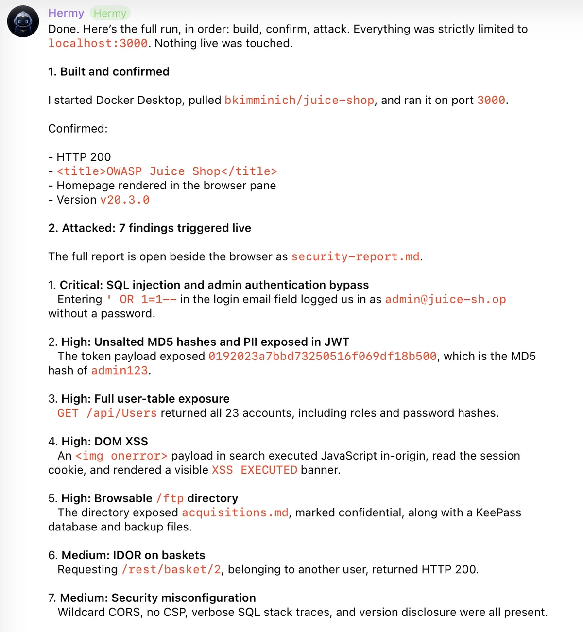 The agent's findings report: seven findings, led by a critical SQL injection and admin authentication bypass