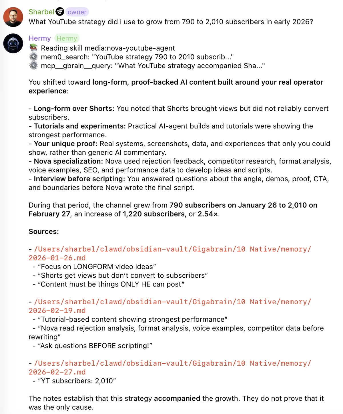 Hermes answering from Gbrain with the source note paths listed under the answer