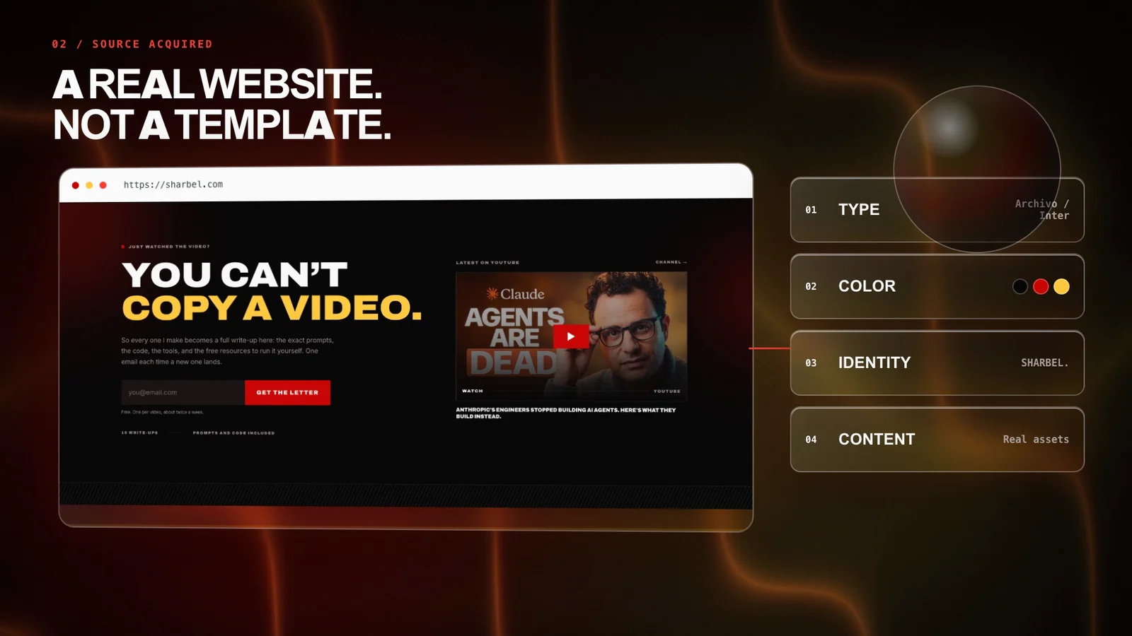 A frame from the rendered product intro: "A real website. Not a template."