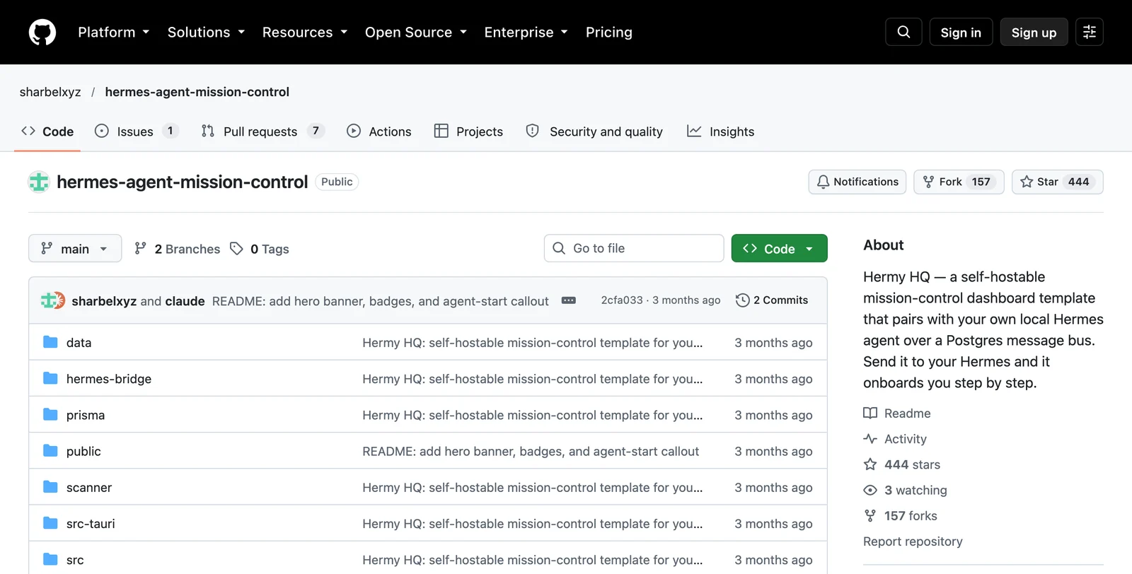 The hermes-agent-mission-control repository on GitHub