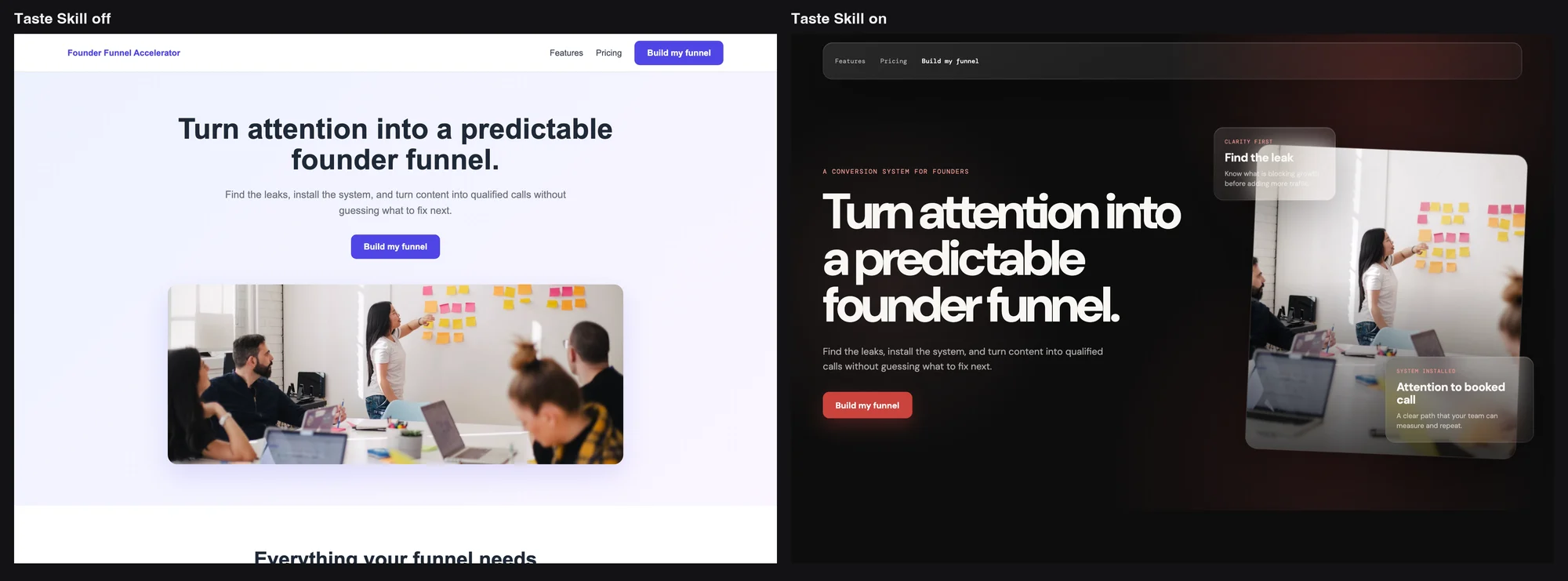 The same landing page built with Taste Skill off (plain and boxy) and on (dark, editorial, layered)