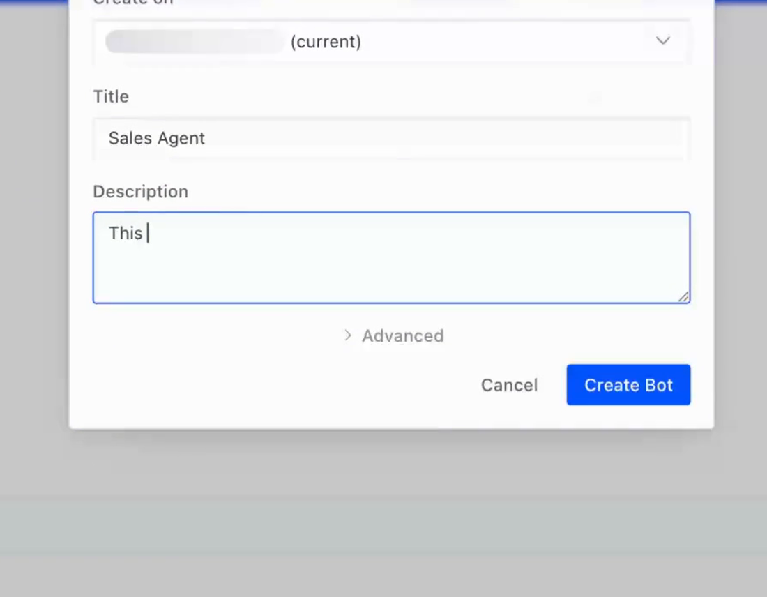 The New Bot dialog: Create on, Title, Description, Create Bot