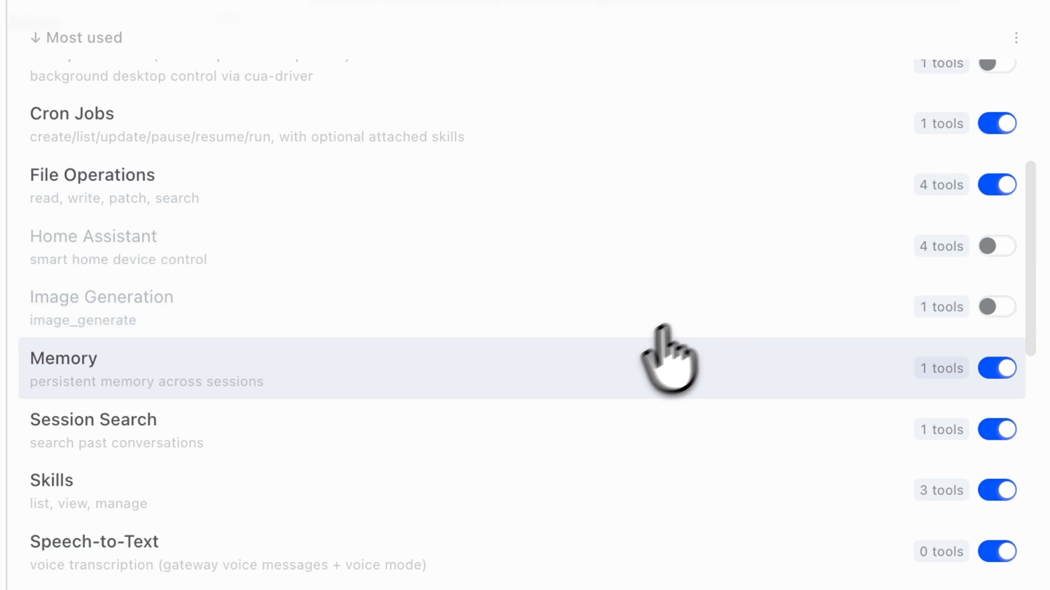 A tool list with most switches on and Home Assistant and Image Generation switched off