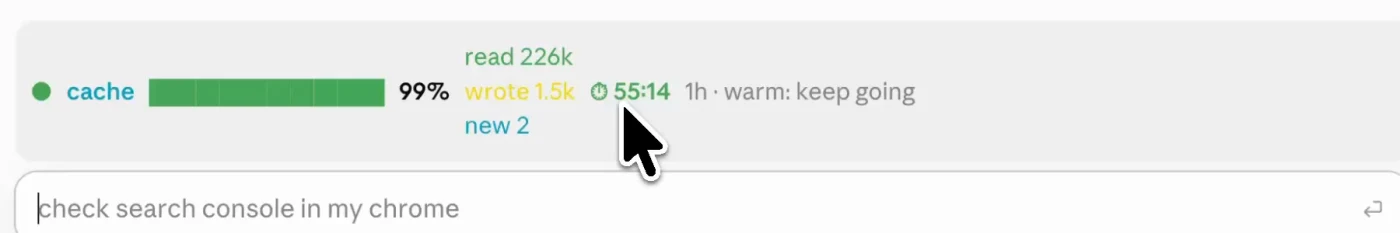 The Cache Control band: cache 99%, read 226k, wrote 1.5k, 55:14 to go, warm, keep going