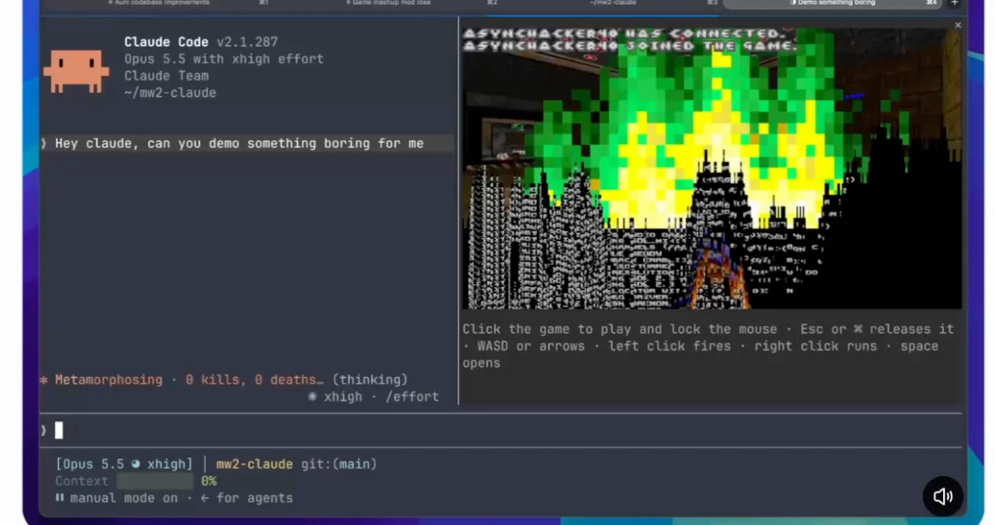 Multiplayer Doom running in a pane beside the Claude Code transcript