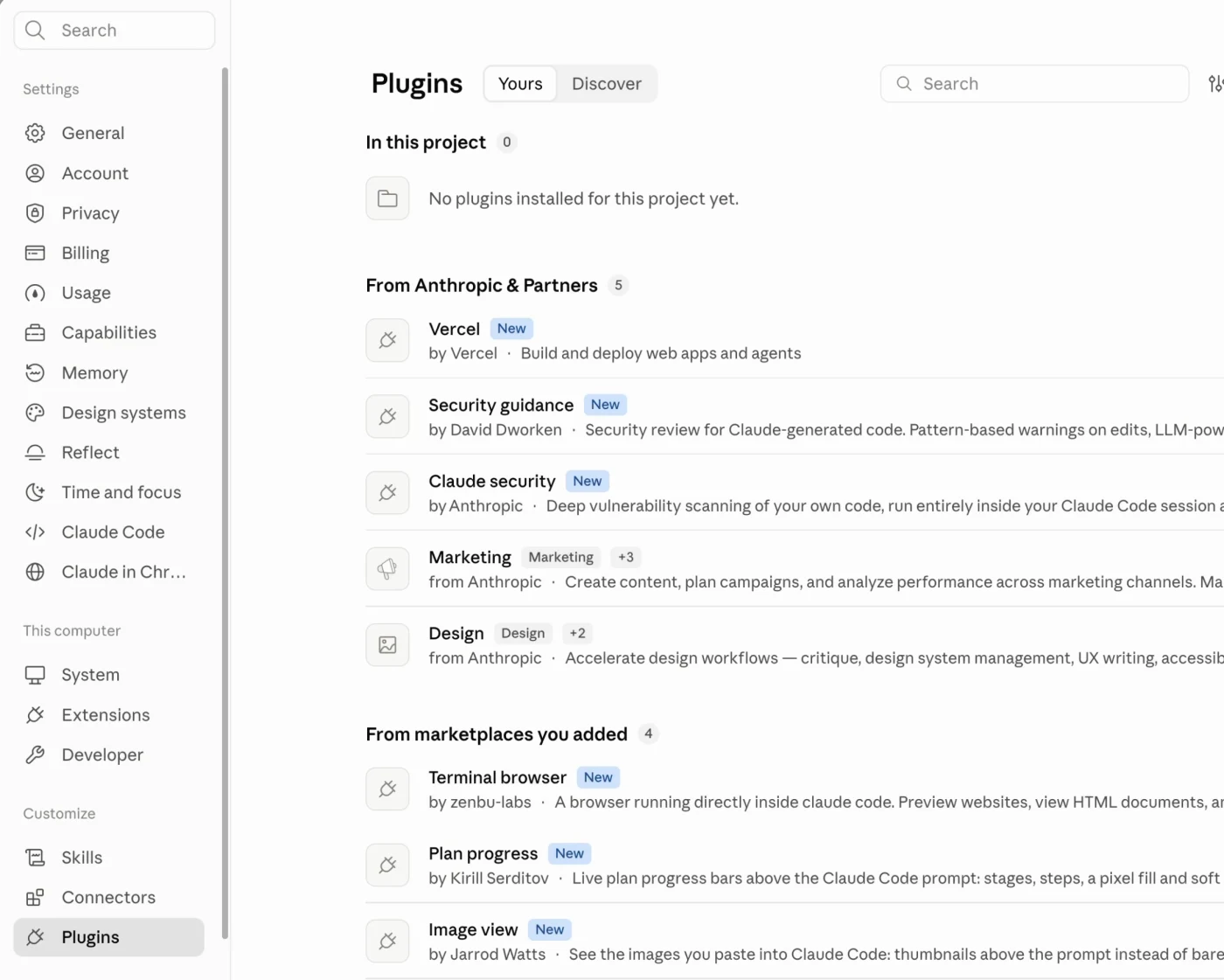 The Claude Code plugin browser, with mods listed under From marketplaces you added