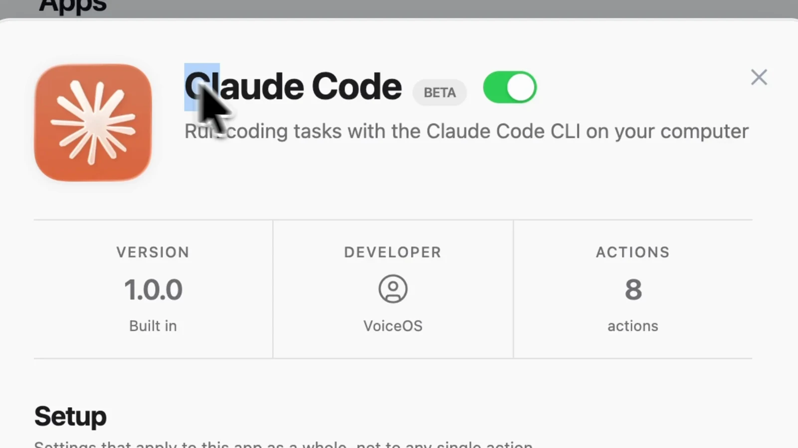 The Claude Code connector card in VoiceOS, version 1.0.0, 8 actions