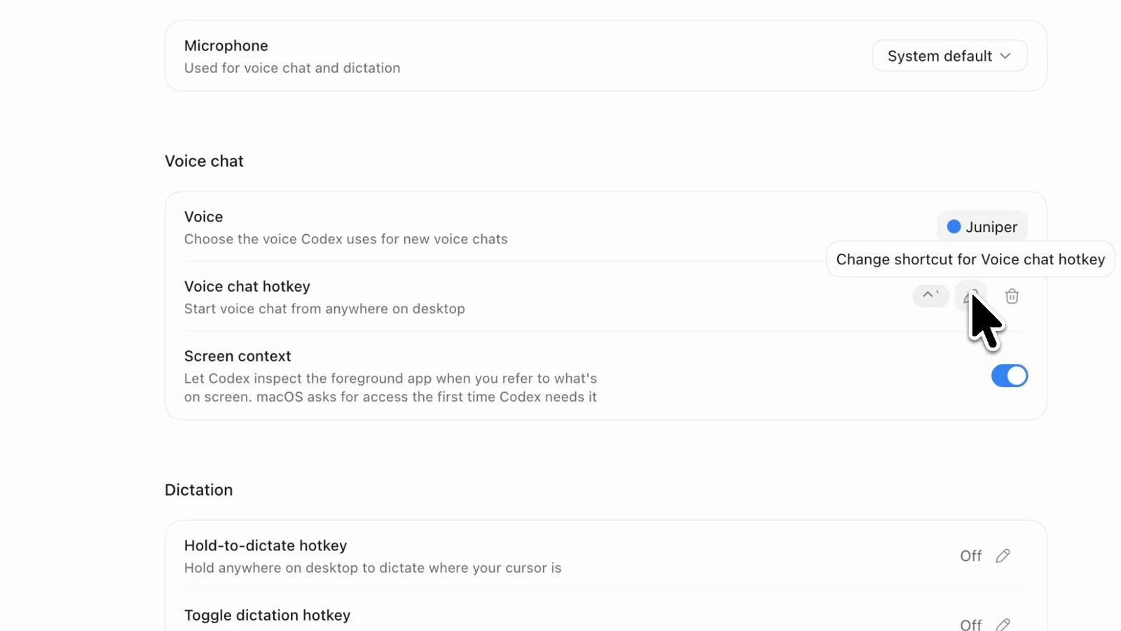 Codex voice settings with voice chat hotkey and screen context enabled