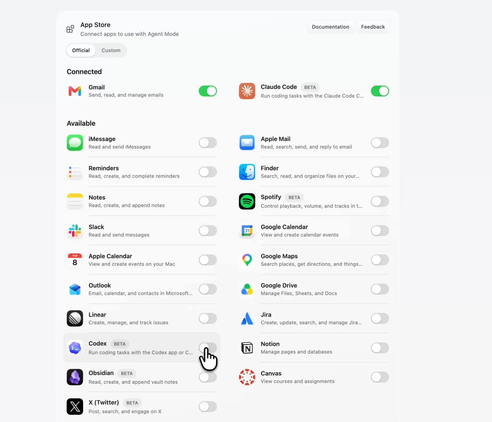 The VoiceOS Apps tab with Gmail and Claude Code connected, and the available connector list below