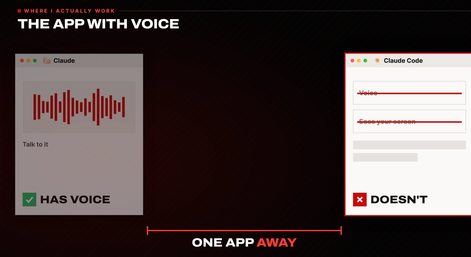 Claude app has voice, Claude Code does not, one app away