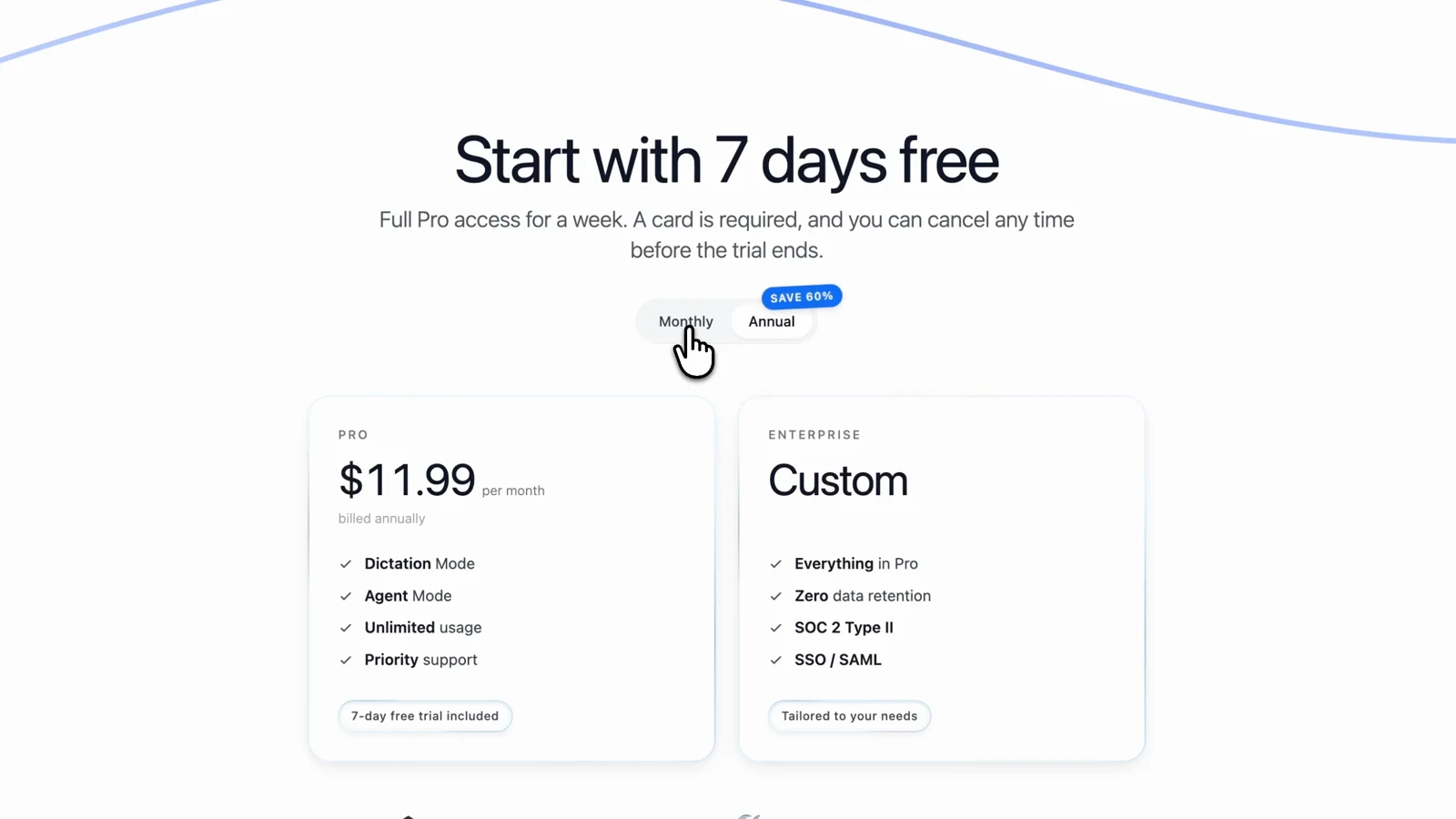 VoiceOS pricing, 7 days free, $11.99 per month billed annually