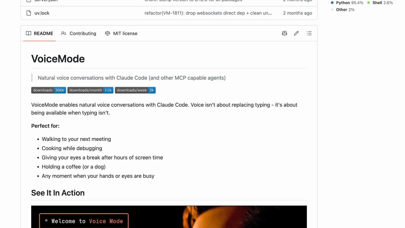 The VoiceMode repo readme on GitHub, natural voice conversations with Claude Code