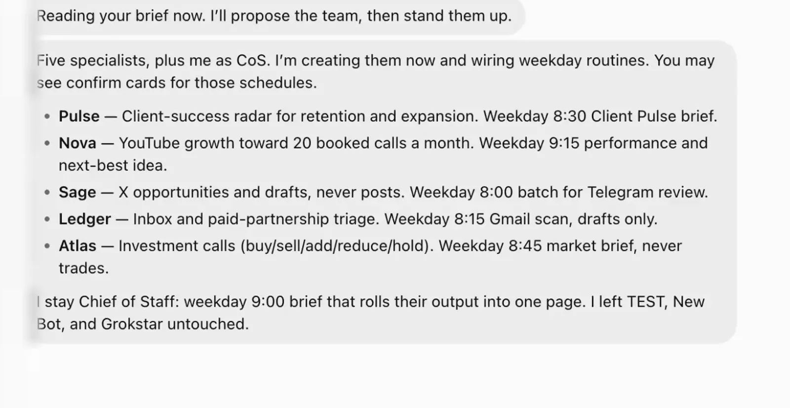 Grok Bot's reply proposing five bots: Pulse, a client-success radar on a weekday 8:30 brief; Nova, YouTube growth on 9:15; Sage, X drafts that never post on 8:00; Ledger, inbox and paid-partnership triage on 8:15, drafts only; Atlas, investment calls on 8:45 that never trade