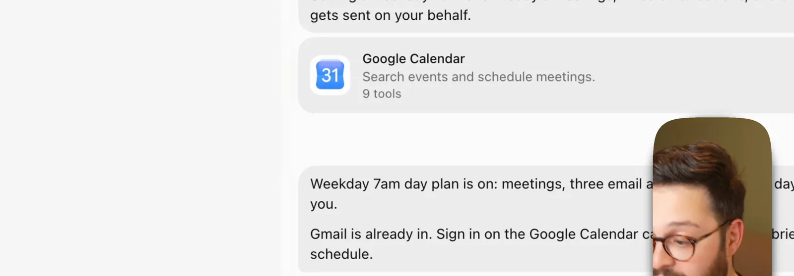 Grok Bot confirming the Google Calendar connector is added with 9 tools, then confirming the weekday 7am brief is on and the first run is tomorrow