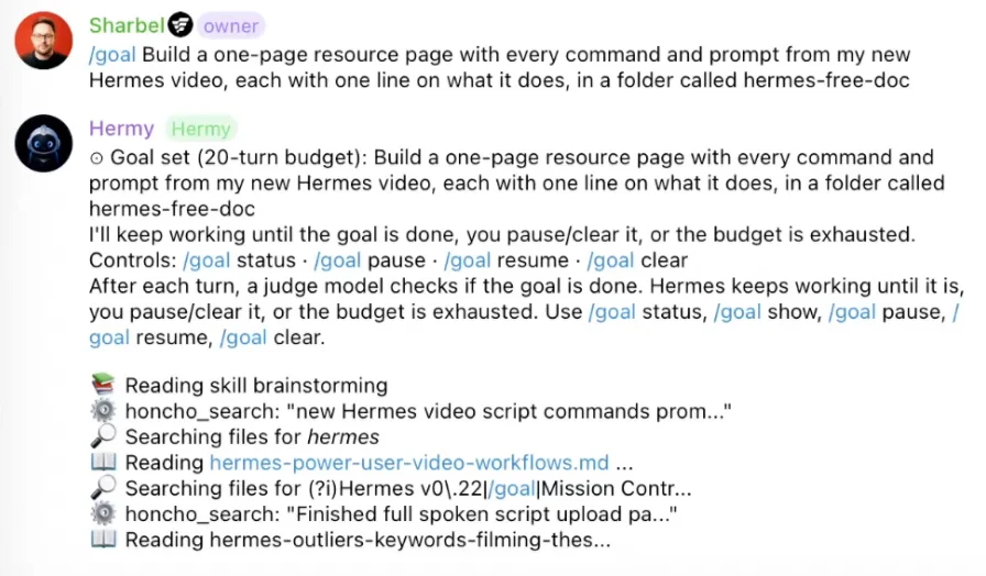 Hermes replying "Goal set (20-turn budget)" with the goal controls listed
