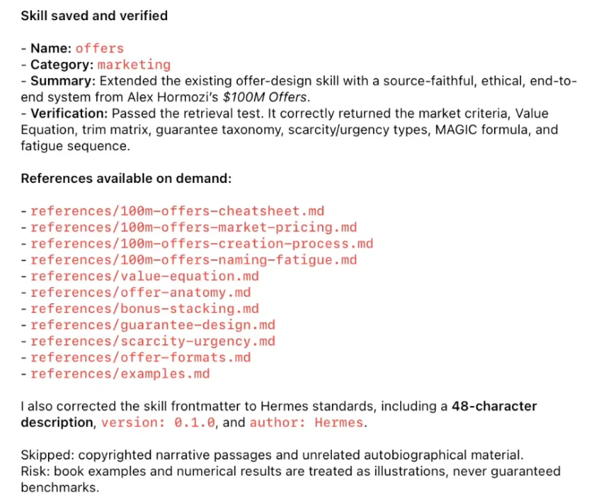 Hermes confirming the offers skill was saved and verified, with 11 reference files