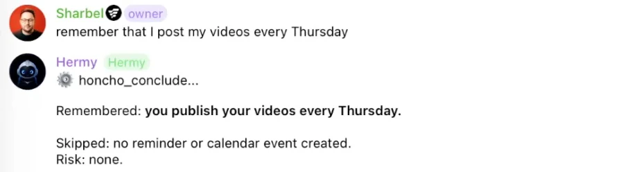 Hermes showing a honcho_conclude tool line before confirming it remembered the user posts videos every Thursday
