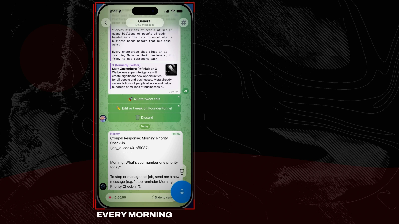 A Telegram message: "Cronjob Response: Morning Priority Check-in. Morning. What's your number one priority today?" with a voice note being recorded