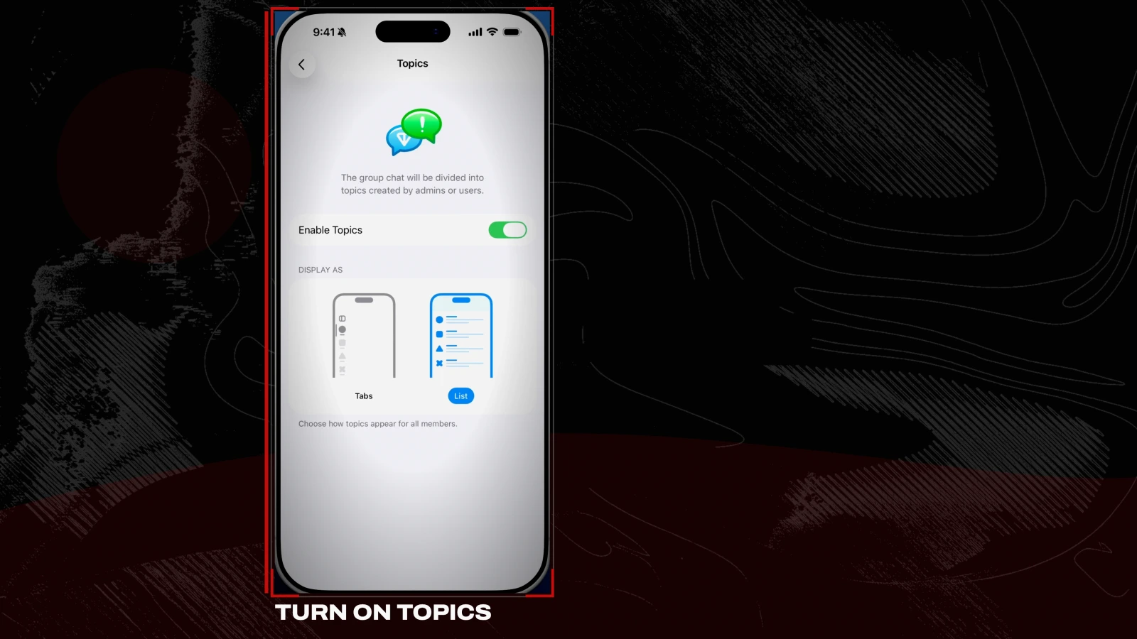 Enable Topics, toggled on in Telegram group settings
