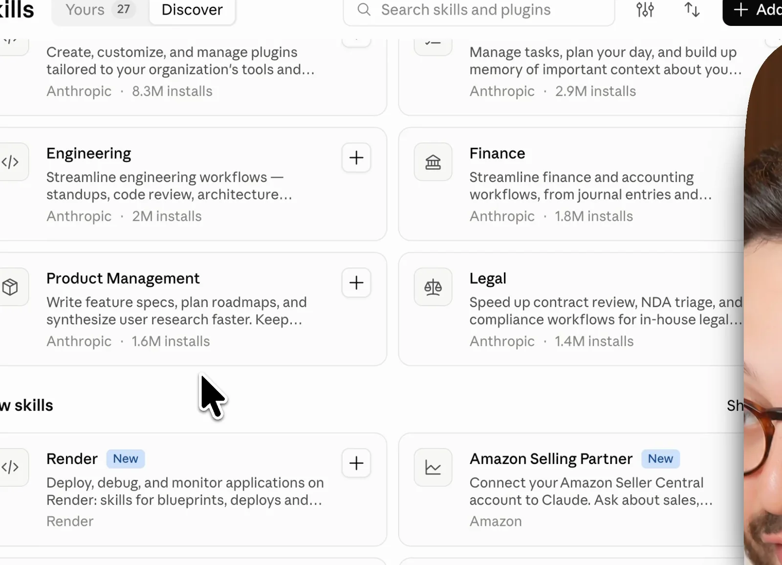 Claude's skills gallery showing official skills with install counts: Engineering 2M installs, Finance 1.8M, Product Management 1.6M, Legal 1.4M, and a New skills row