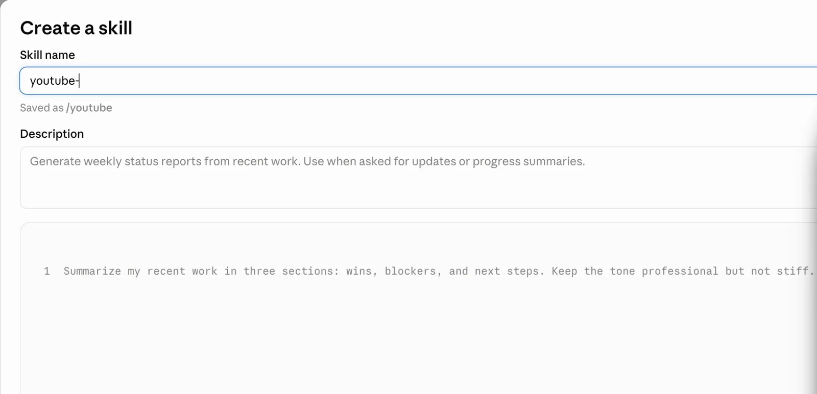 Claude's Create a skill dialog, with fields for skill name, description and instructions