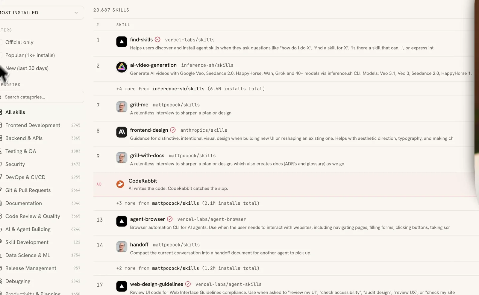 A skills marketplace listing 23,687 skills sorted by most installed, with find-skills at number one