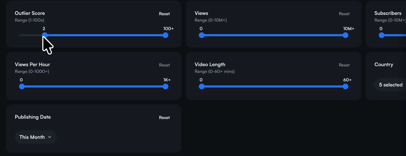 vidIQ research filters with outlier score set to 2 and publishing date set to this month