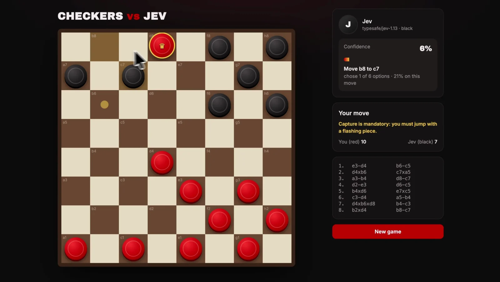 A checkers game against Jev showing 6% confidence on its chosen move