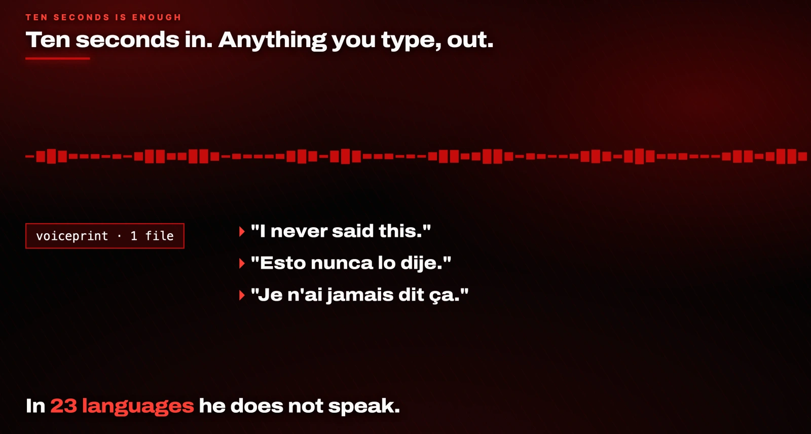 Ten seconds in. Anything you type, out. In 23 languages he does not speak.