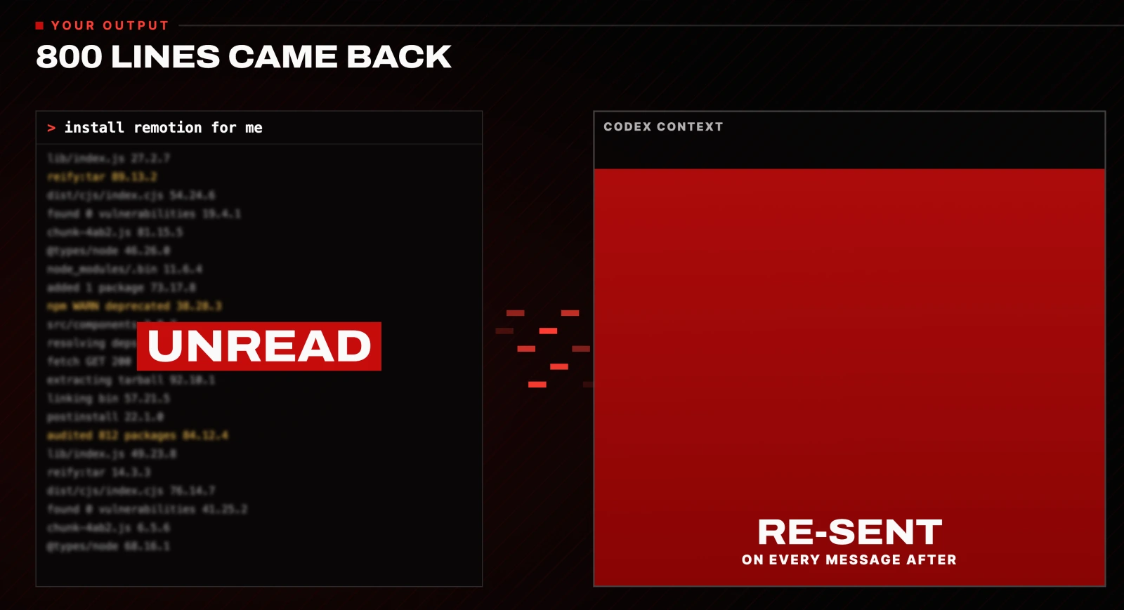 800 LINES CAME BACK: unread install output fills the Codex context and is re-sent on every message after