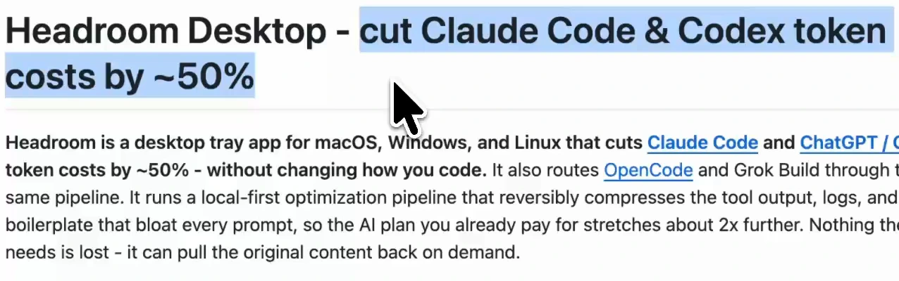 Headroom Desktop README: cut Claude Code and Codex token costs by about 50%