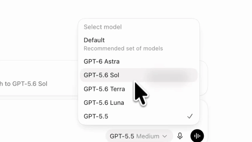 The Codex model picker: GPT-6 Astra, GPT-5.6 Sol, GPT-5.6 Terra, GPT-5.6 Luna, GPT-5.5