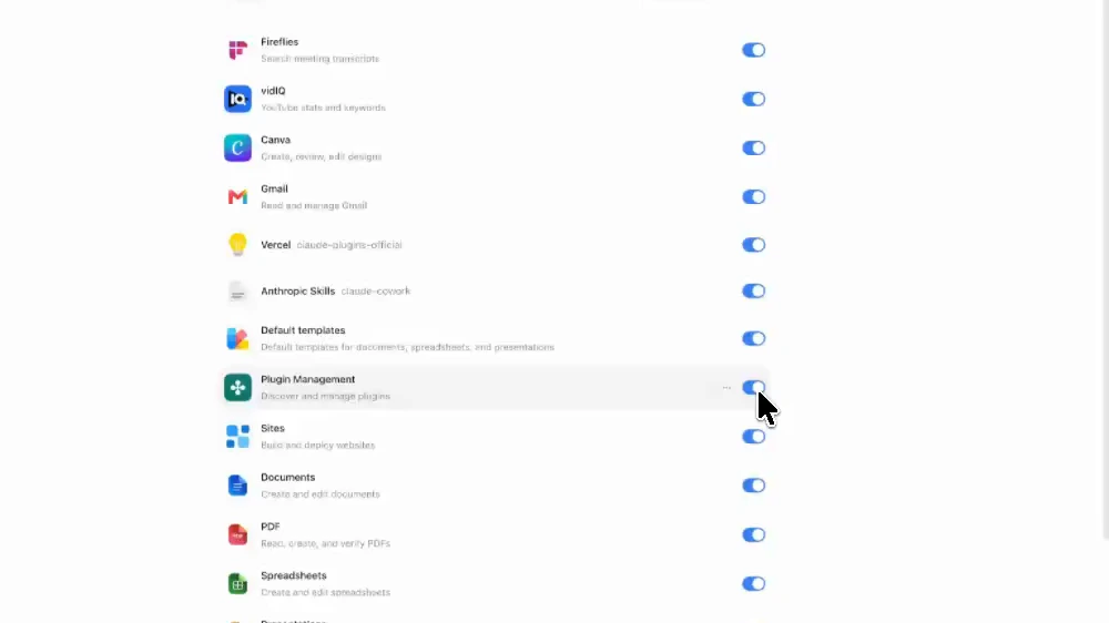 The Codex Plugins settings page, switching unused plugins off