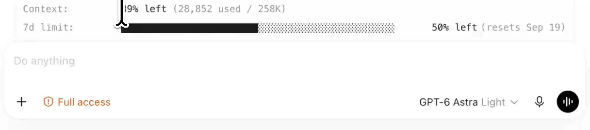 Codex /status panel: context 89% left (28,852 used of 258K) and the 7-day limit at 50% left