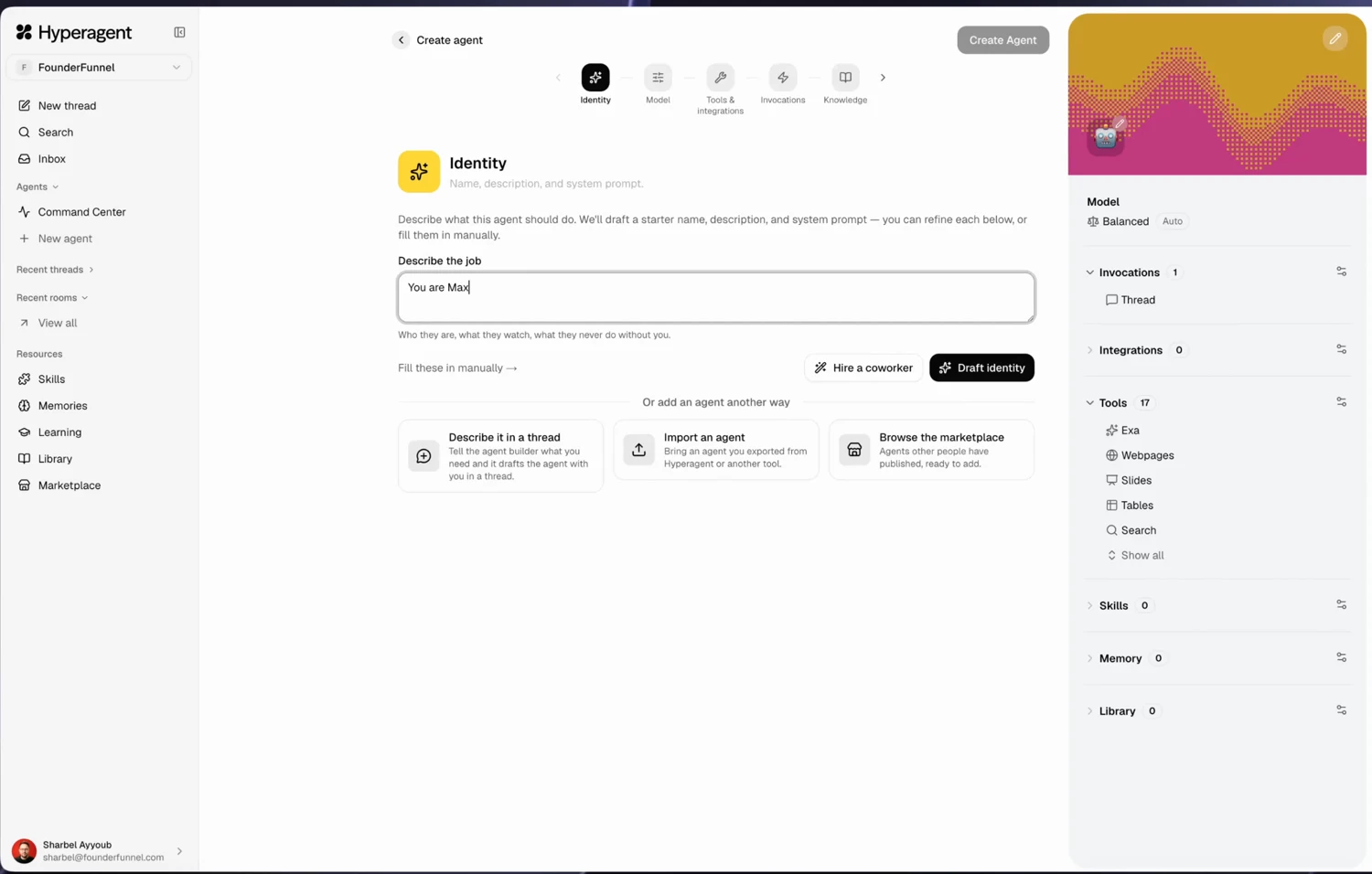 The Identity step of Create agent, with the job description field and a Draft identity button