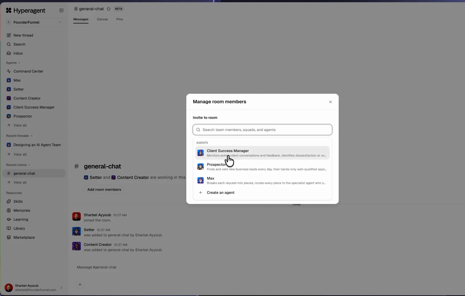 The Manage room members dialog, with Max, Setter, Content Creator, Client Success Manager and Prospector in the sidebar