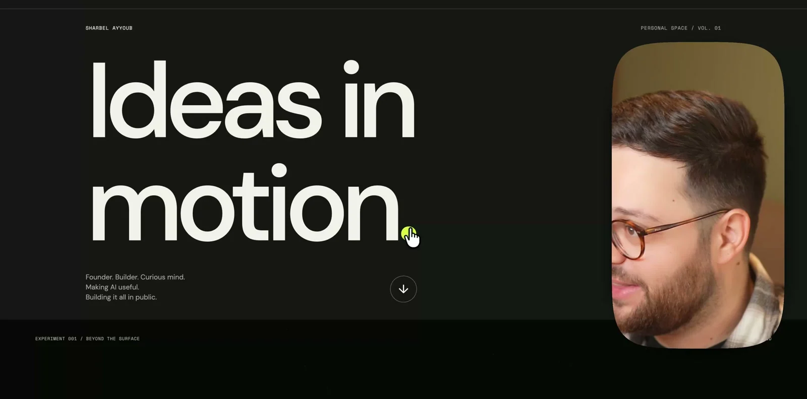 A finished dark portfolio site reading Ideas in motion, with scroll-triggered animation, built and tested by the model