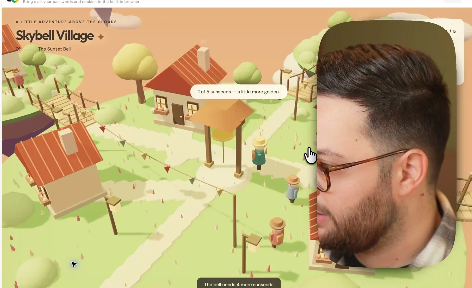 Skybell Village, an isometric floating-island village in a browser, with a prompt reading one of five sunseeds and a counter showing the bell needs four more